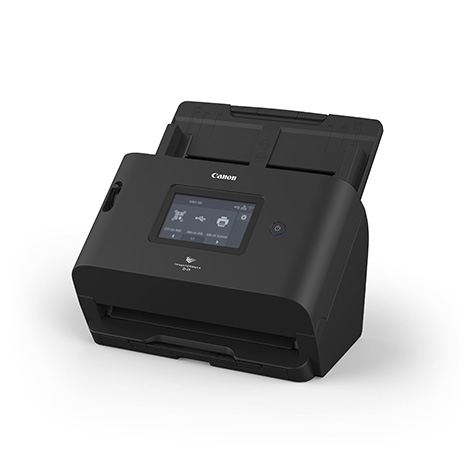 キヤノン電子 ドキュメントスキャナー「imageFORMULA DR-S350NW」の製品外観。カラー液晶タッチパネル、青色LED電源ボタン、背面給紙トレイを備えた黒色マット筐体のデザイン