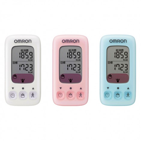 オムロンヘルスケア 活動量計カロリスキャン HJA-310。ヴァニラ、ピーチ、ミントの3色展開。丸みを帯びた手に馴染むフォルムと、ダイエット目標達成を「ごほうびプリンマーク」で知らせる液晶画面が特徴。