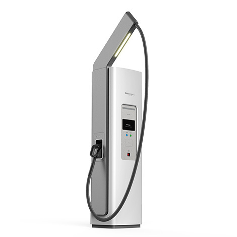 新電元工業製 EV急速充電器「Mitus」の製品外観。人間工学に基づいたLED照明付きケーブルアームと、操作性に優れたパネル配置が特徴のプロダクトデザイン